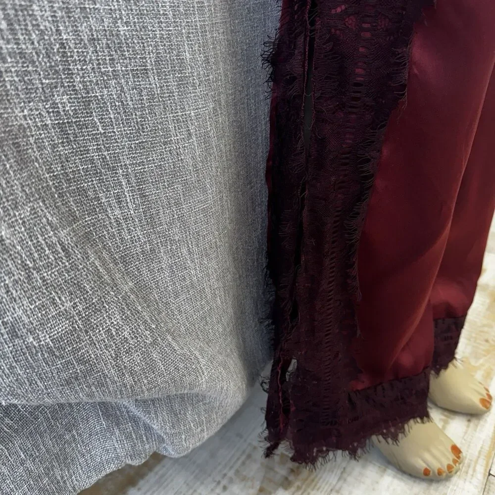 Nasty Gal Burgundy Satin Wide Leg Jumpsuit Lace Trim PTP 16 Open Back XXS Slit - Picture 8 of 16